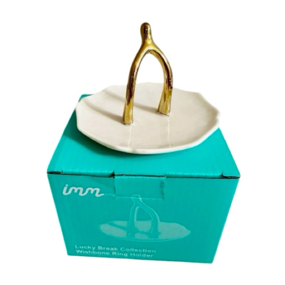IMM Lucky Break Wishbone Ring Holder White Porcelain Gold Jewelry Holder NIB NEW